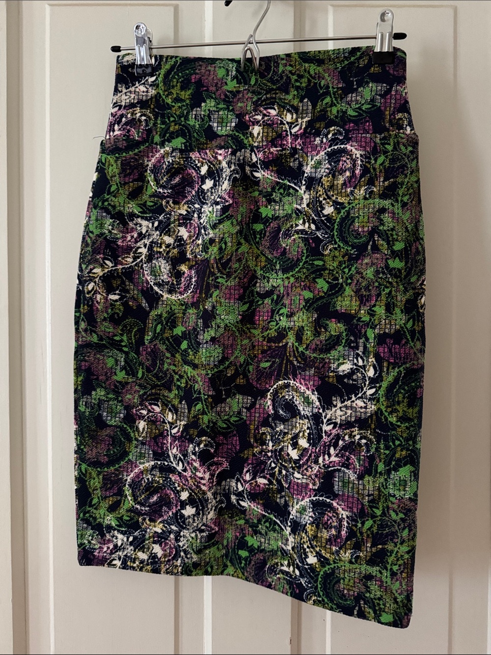 LuLaRoe Black Pencil Skirt with Green, Purple and White Floral Vine Print